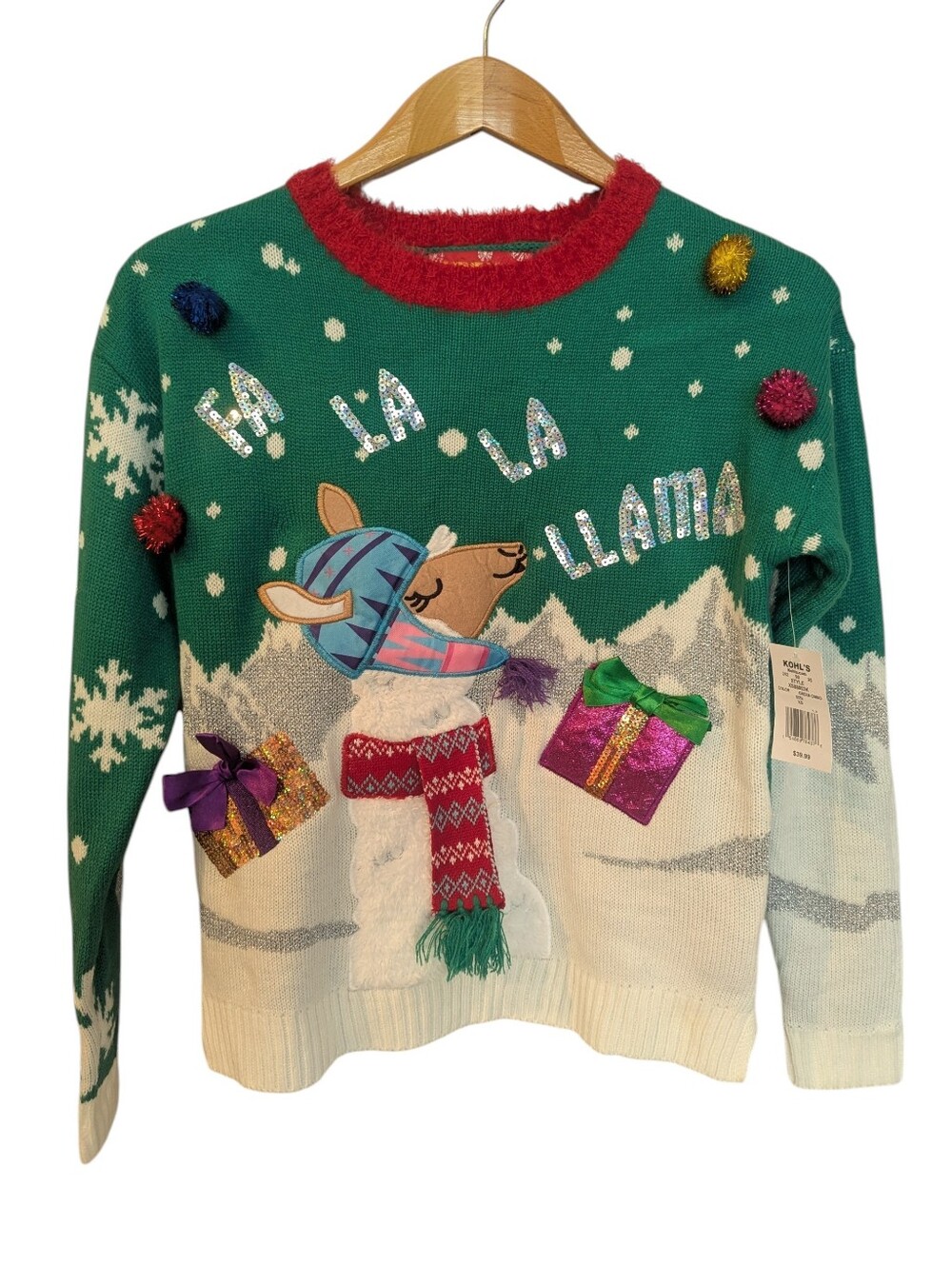 Green 'Fa La La Llama' Embellished Holiday Sweater XS